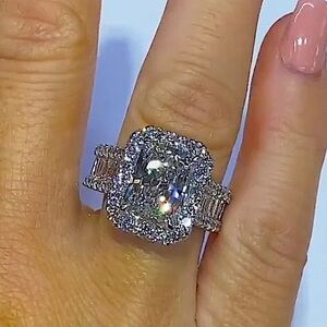 Sterling Silver Diamond Square Cut 2.50CT Baguette Accent Ring